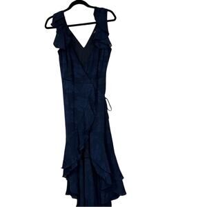 Lulus Navy Blue Flroal Flutter Sleeve Wrap Midi Dress Womens M Coquette Summer